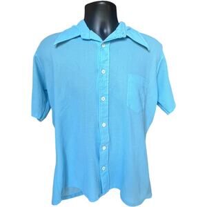 70s Textured Knit Disco Collar Button Shirt Sky Blue Boxy M/L Vintage
